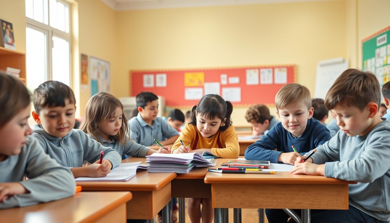 Students studying together in modern classroom